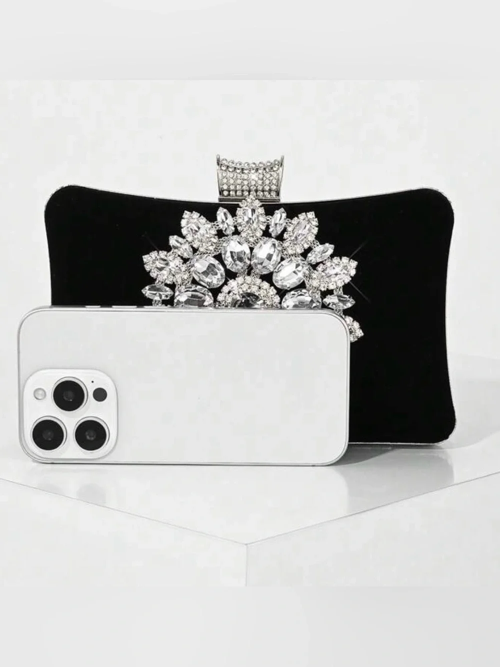 Elegant Black Crystal-Embellished Evening Clutch